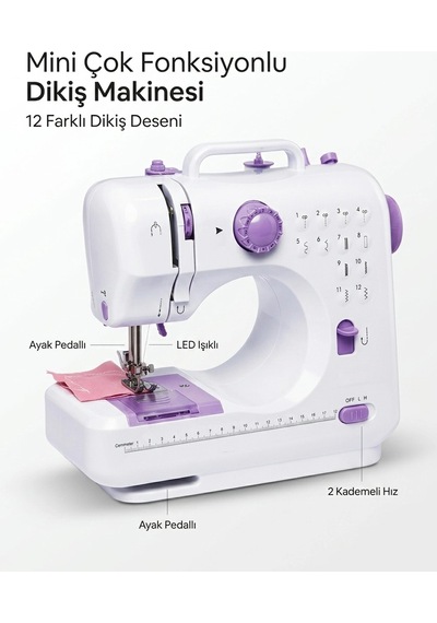12 Farklı Dikiş Desenli Mini Dikiş Makinesi Ayak Pedallı Led Işıklı Ev Tipi Kullanım Çok Renkli