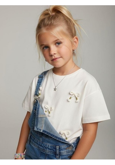 Zekids Kız Çocuk Pamuklu Fiyonk Detaylı T-shirt-16760 Ekru