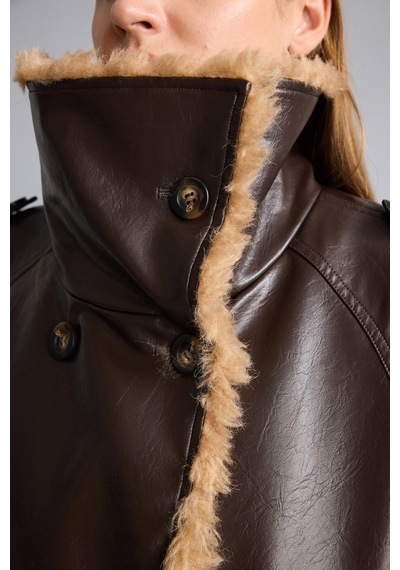 Defacto Oversize Peluş Yakalı Kruvaze Suni Deri Mont I2761ax26wnbn530 Kahve-bn530