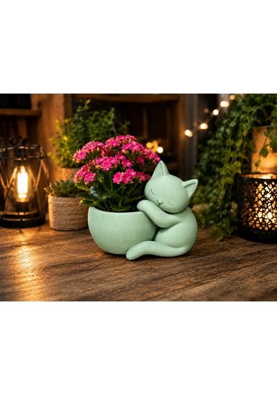 3d Baskı Sarılan Kedi Saksı - Sevimli Dekoratif Saksı - Mint
