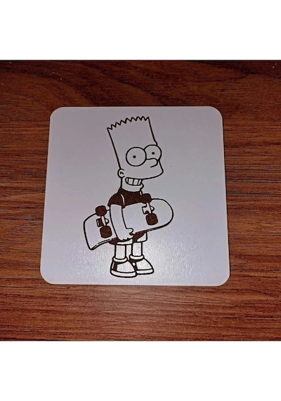 Lavanta Tasarım Bart Simpson Kaykay Ahşap Bardak Altlığı Beyaz