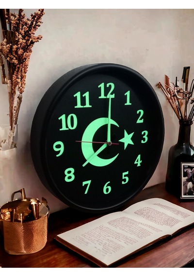 Fosforlu Gece Görünen Ayyıldız Duvar Saati Çap 28 Cm Cam Yok Siyah