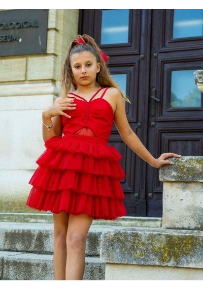 Zekids Kız Çocuk Simli Önü Pencere Detaylı Kısa Kat Kat Tasarım Abiye-15758 Kırmızı