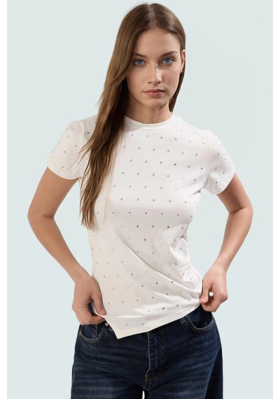 Ersefa Asimetrik Taşlı T Shirt Pamuklu Fitted Yazlık Dayanıklı Malzeme M Beyaz