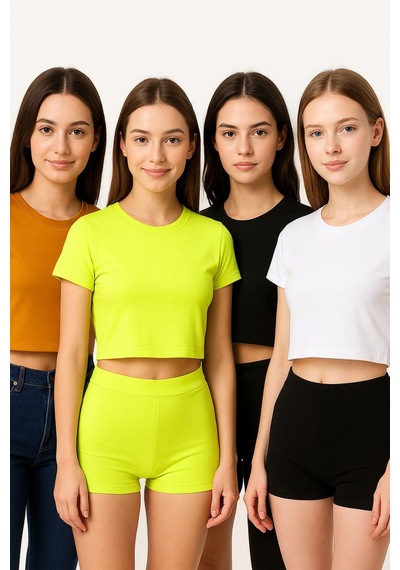 Kadın 4'lü Paket Oversize Crop Tişört %100 Pamuk Bisiklet Yaka T-shirt Beyaz