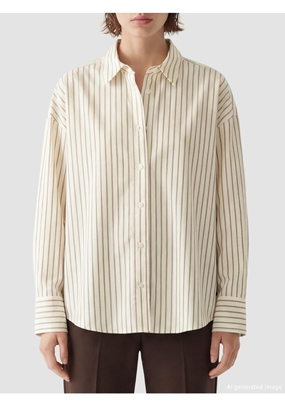 Lcw Vision Ekru Çizgili Oversize Poplin Kadın Gömlek