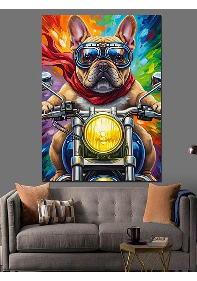 Ahşap Tablo Motosiklet Süren Bulldog Köpek