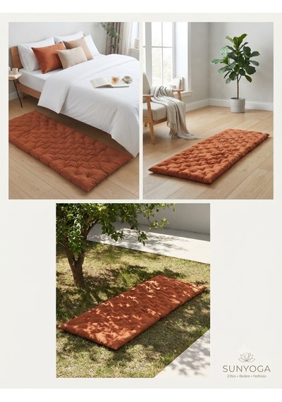 Pamuk Kapitone Meditasyon Minderi 180x60 Cm - Konforlu Yoga Matı Ve Yer Minderi Kremit