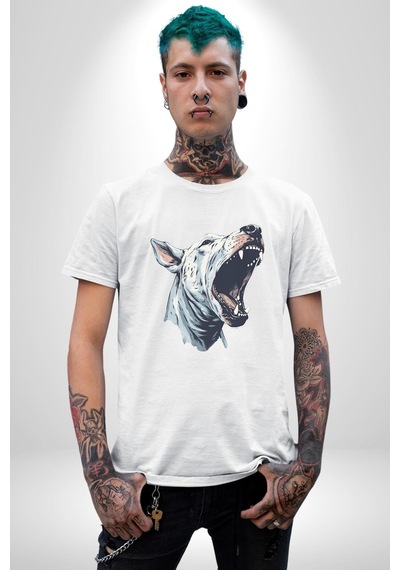 Bull Terier Köpek Havlama Unisex Unisex Beyaz Organik Baskılı T-shirt Penye Yüksek Kalite Beyaz