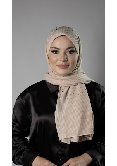 Hürrem Bone Bej Pratik Hazır Geçmeli Tesettür Şal Örme Kumaş Taş Desenli 2118t 12