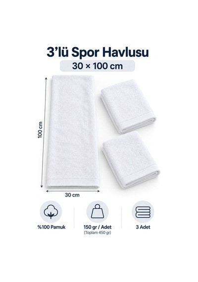3lü Spor Fitness Havlusu 30x100 %100 Pamuklu Beyaz