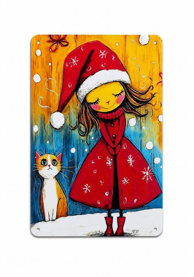 Upeka Kedi Ve Kız Noel Temalı Şık Modern Tasarım Dekorasyon Metal Duvar Tablo 30cmx20cm