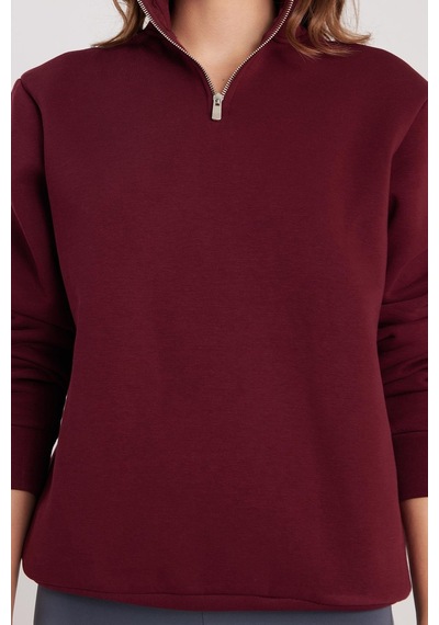 Tudors Kadın Relax Fit Rahat Kesim Pamuklu İçi Polarlı Yarım Fermuarlı Bordo Dik Yaka Sweatshirt-37889 Bordo