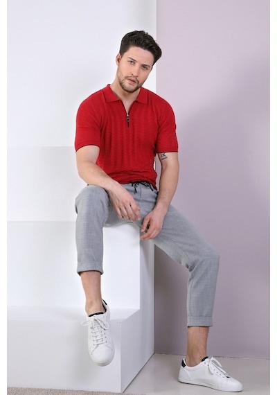 Ferraro Kırmızı Polo Yaka Fermuarlı Erkek Pamuk Triko T-Shirt-Kırmızı