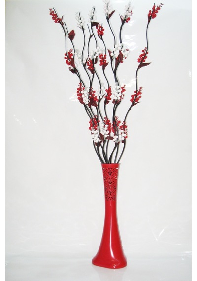 60 Cm Kırmızı Desenli Vazo 5 Kırmızı 5 Beyaz Üzüm Çiçek