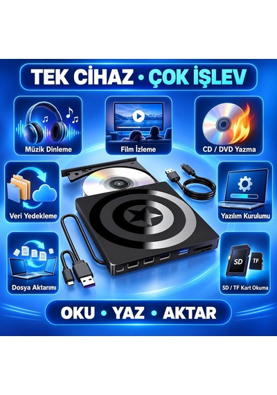 Harici Cd Dvd Okuyucu Yazıcı Usb 3.0 Type-c Hub Sd Tf Kart Okuyucu 4 Usb Portlu İnce Taşınabilir