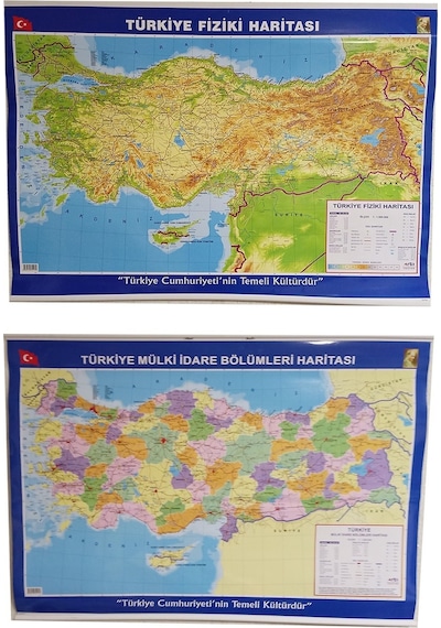 Türkiye Haritası Çift Taraflı Fiziki ve Siyasi 70X100