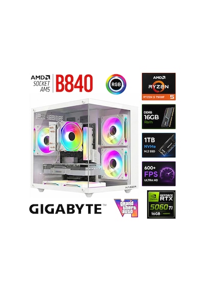 Xaser Monark X60 R5 7500F 16 GB 1 TB M.2 Nvme SSD 16 GB RTX5060 Ti Free Dos Masaüstü Oyuncu Bilgisayarı