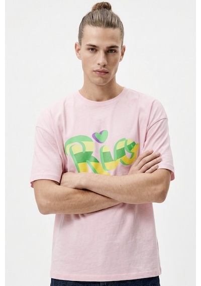 Hoxie Erkek Pembe Rio Baskılı Oversize Bisiklet Yaka Tişört Açık Pembe