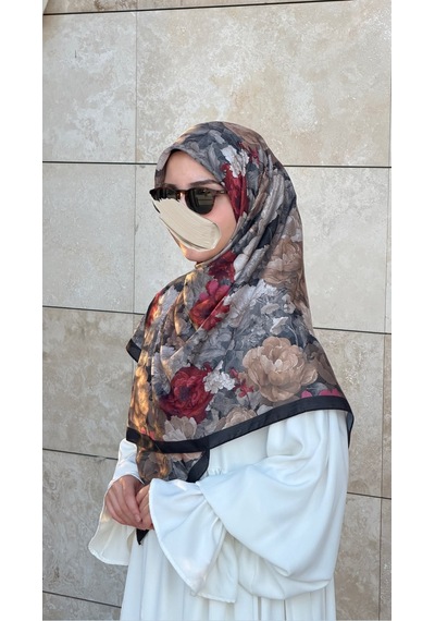 Qalortex Scarf Pamuklu Gonca Desen Eşarp - Siyah
