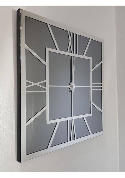 Ayna Denizi Silver Quare Smoked Model Gümüş Füme Renk 60 CM x 60 CM Dekoratif Aynalı Duvar Saati Gümüş