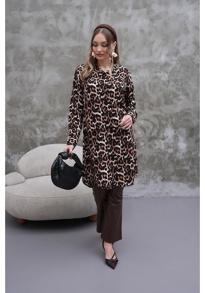 Polologin Butik Leopar Desenli Kahverengi Gömlek Tunik Siyah & Kahverengi