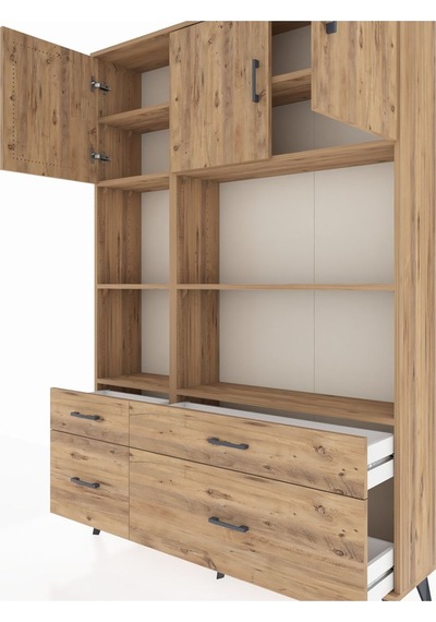 Arges Dolap 8 Raflı 4 Çekmeceli 3 Kapaklı 132x30x195 Çam-çam/çam Çam