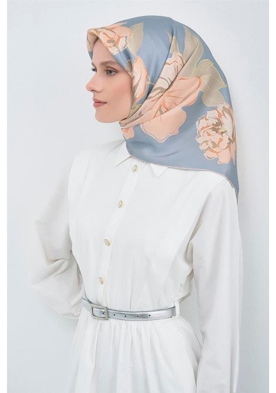 Armine İpek Eşarp 2026 Yaz - 9509-81 Mavi Somon Twill