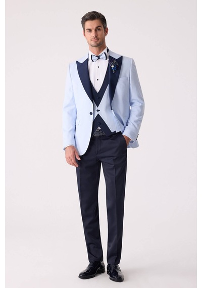 Ysf Erkek Açık Mavi Yelekli Kırlangıç Yaka Slim Fit Damatlık