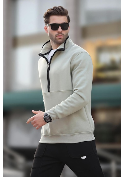 Madmext Çağla Yeşili Dik Yaka Yarım Fermuarlı Sweatshirt 7079 Yeşil