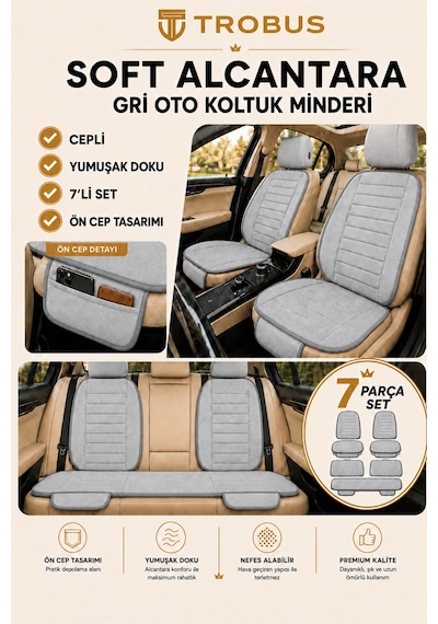 Audi A3 2003-2011 Üniversal Soft Alkantra Çizgili 7 Parça Oto Koltuk Minderi Gri