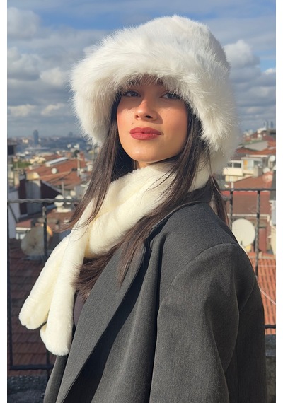 Mollycrush Suni Kürk Bucket Kalpak Atkı Eldiven 3'lü Set Kadın Kışlık Peluş Beyaz 3'lü Takım Beyaz