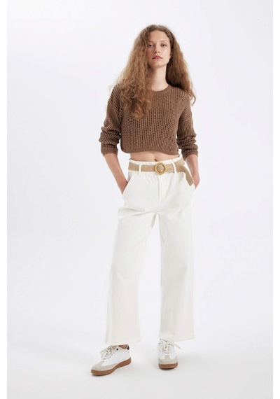 Defacto Regular Fit Bisiklet Yaka Kroşe Ajurlu Delikli Crop Triko Kazak T4513AZ24AUBG111 Bej