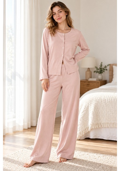 Lılac Kadın %100 Pamuk Pudra Pembe Uzun Kollu Cepsiz Pijama Takımı Pembe Pembe