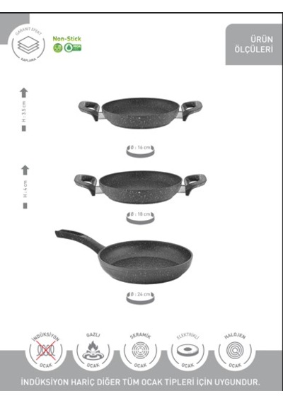 Hascevher Verona Granit 3 Parça Sahan - Tava Seti 16/18cmsahan/24cmtava Gri