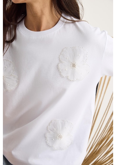 Shade Bisiklet Yaka Çiçek Aksesuarlı Kısa Kollu T-shirt 60602060 - Beyaz