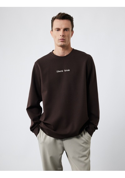 Koton İşleme Detaylı Uzun Kollu Bisiklet Yaka Sweatshirt Kahverengi 6wam70077mk Kahve