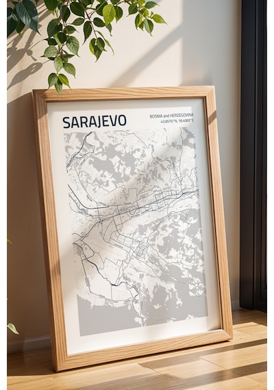 Saraybosna Sarajevo Haritası Çerçeveli Tablo Lüks Salon Ofis Duvar Dekorasyonu Hediyelik Tablo Kayın