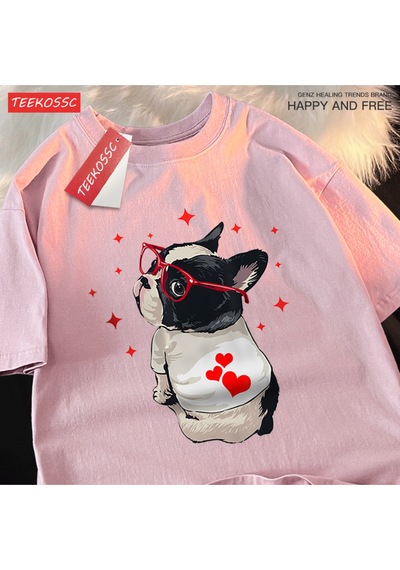 Startmore Y2k Vintage Tişört Tee Sevimli Köpek Geri Bakmak Baskı Pembe