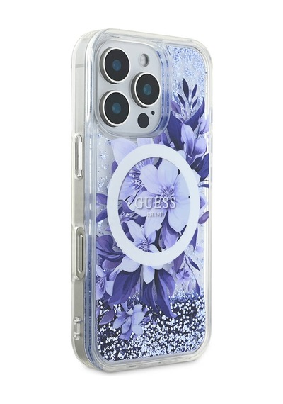 Apple iPhone 16 Pro Uyumlu Kılıf Guess Lisanslı Magsafe Özellikli Sıvılı Simli Çiçek Desenli Mor