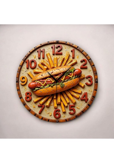 AA Shop Renkli Baskı Büfe Sosis Yemek Desenli Sayılı Hediyelik Ahşap Sessiz Duvar Saati 50cm ÇOk Renkli
