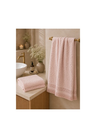 Paisley Desenli Saçaklı 2 Li Baş Ve Banyo Havlusu Seti 50x90 + 90x150 Cm - Pudra