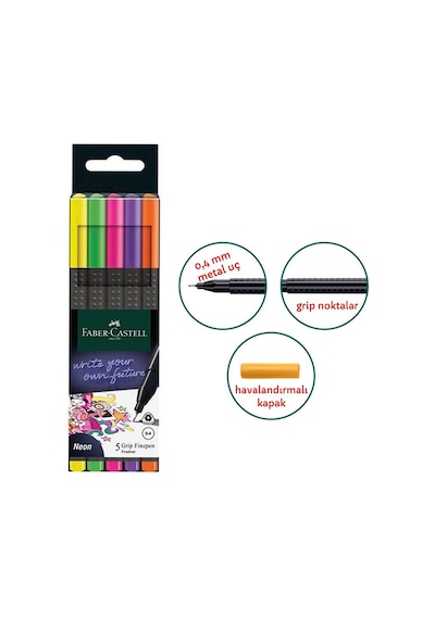 Grip Finepen 0.4 Mm 5 Renk Neon Fineliner 1 Paket Faber Keçe Uçlu