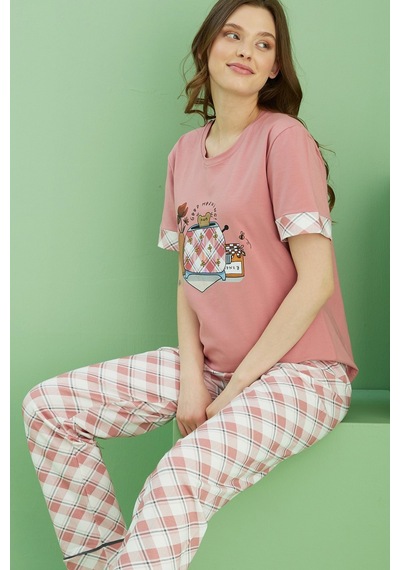 Siyah İnci Bisiklet Yaka Örme Pamuklu Pijama Takım25113216 Somon