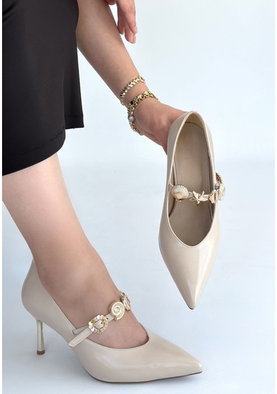 Sekans Conne Bej Cilt Stiletto Ayakkabı