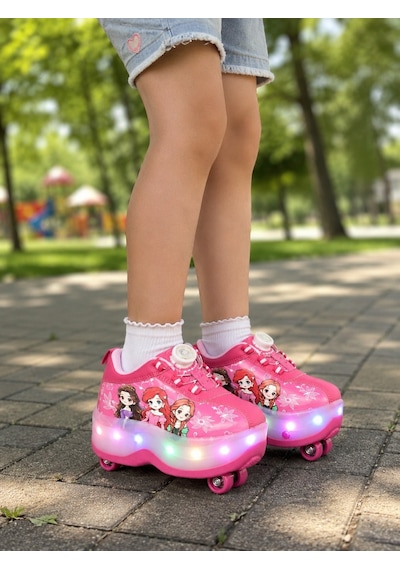 Çocuk Şarj Edilebilir Led Işıklı Paten Ayakkabı Düğmeli Açılır Tekerlekli Fuşya