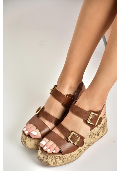 Fox Shoes U996752009 Taba Dolgu Topuklu Kadın Ayakkabı Taba-suni Deri