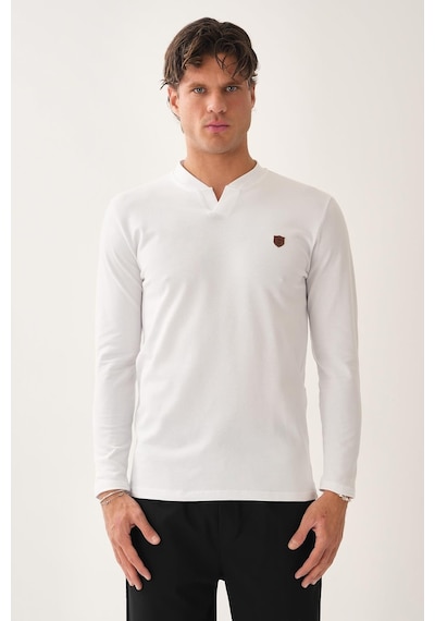 V Yaka Yırtmaç Detaylı Uzun Kollu T-shirt Beyaz