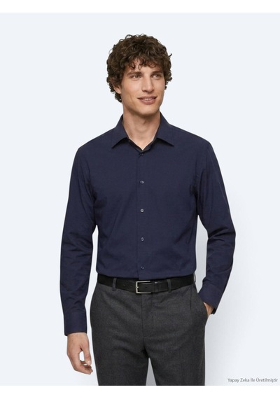Kip Lacivert Düz Regular Fit Uzun Casual Gömlek
