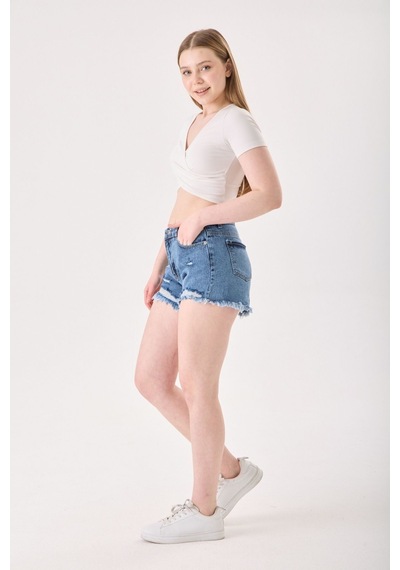 Eseclass Modern Kesim Yüksek Bel Püskül Paça Denim Şort Koyu Mavi Koyu Mavi